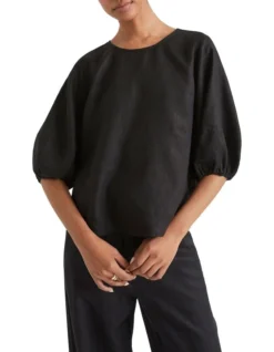 Core Linen Balloon Sleeve Top In Black