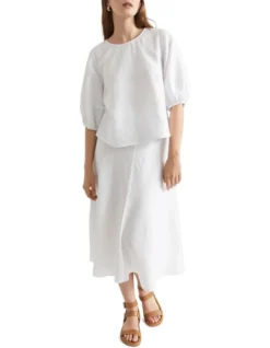Core Linen Balloon Sleeve Top In White