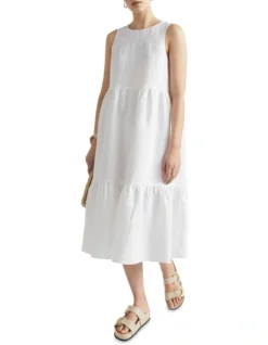 Core Linen Midi Dress In Whisper White
