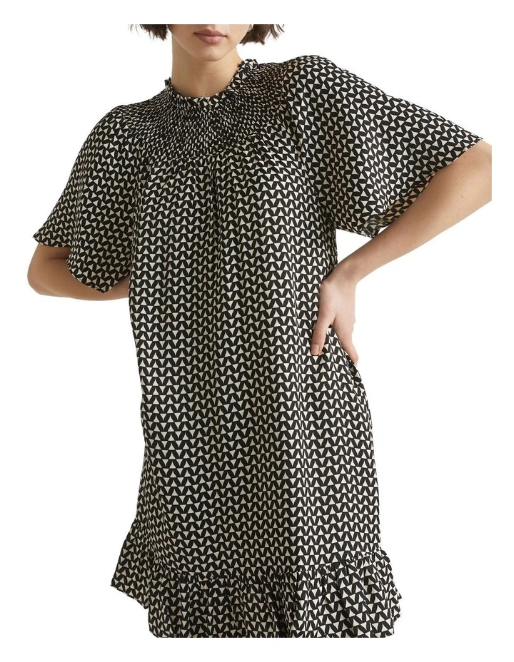 Geo Twill Shirred Mini Dress 1 Geo Twill Shirred Mini Dress