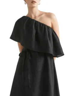 Linen One Shoulder Maxi Dress In Black