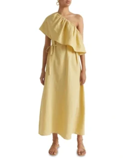 Linen One Shoulder Maxi Dress In Shortbread