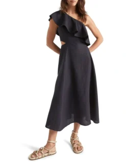 Linen Fitted One Shoulder Midi Dress