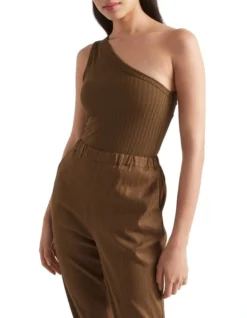 One Shoulder Rib Top In Brown