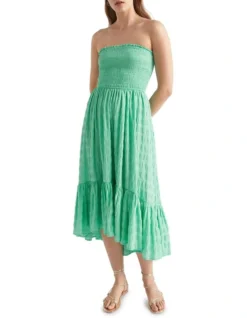 Textured Gingham Strapless Midi Dress