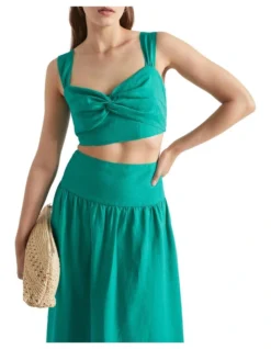 Linen Twist Front Crop Top In Green