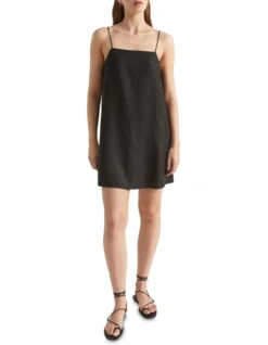 Linen A Line Mini Dress In Black