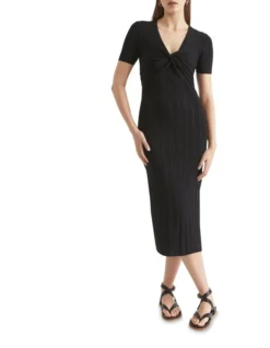 Rib Knit Twist Front Midi Dress
