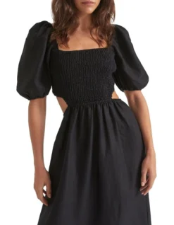 Linen Cut Out Shirred Midi Dress