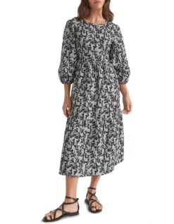 Linen Paisley Midi Dress In Black/White