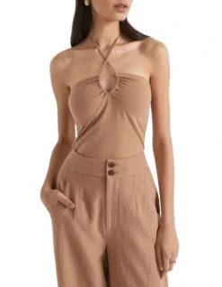 Halter Neck Tie Top In Auburn Brown