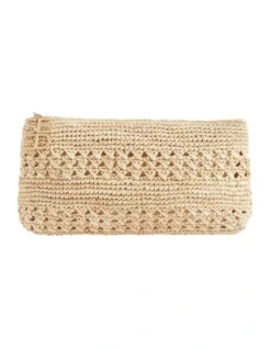 Logo Straw Woven Clutch In Beige