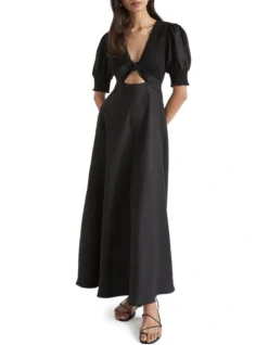 Linen Shirred Tie Front Midi Dress