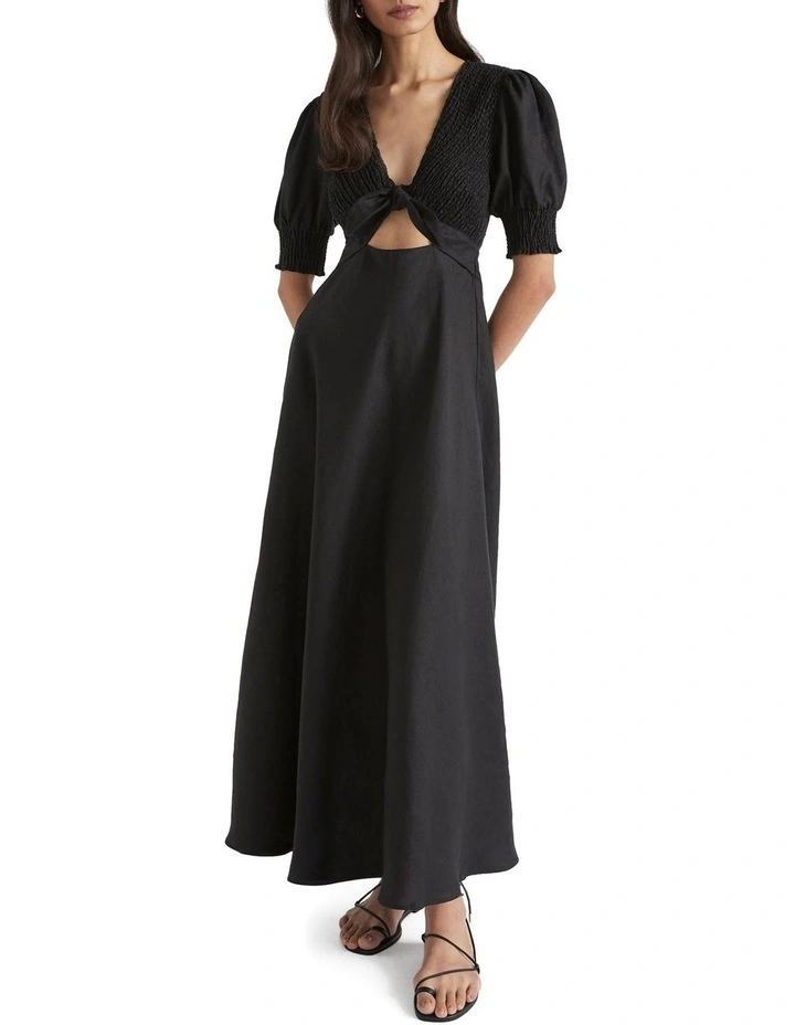 Linen Shirred Tie Front Midi Dress 1 Linen Shirred Tie Front Midi Dress