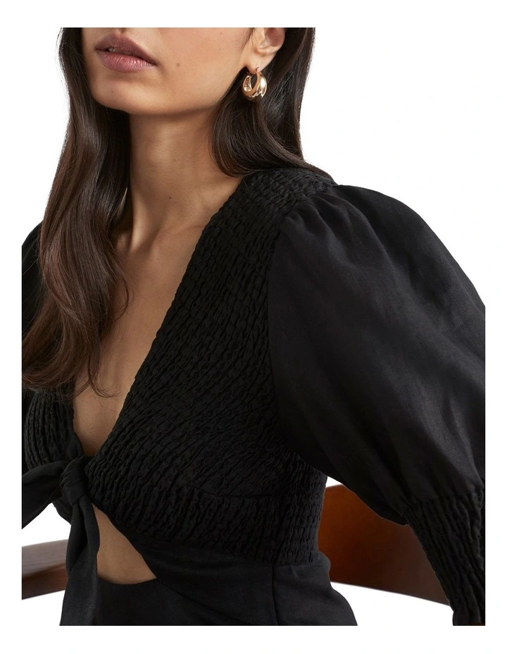 Linen Shirred Tie Front Midi Dress 3 Linen Shirred Tie Front Midi Dress - Image 3