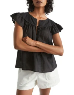 Voile Yoke Frill Sleeve Blouse In Black