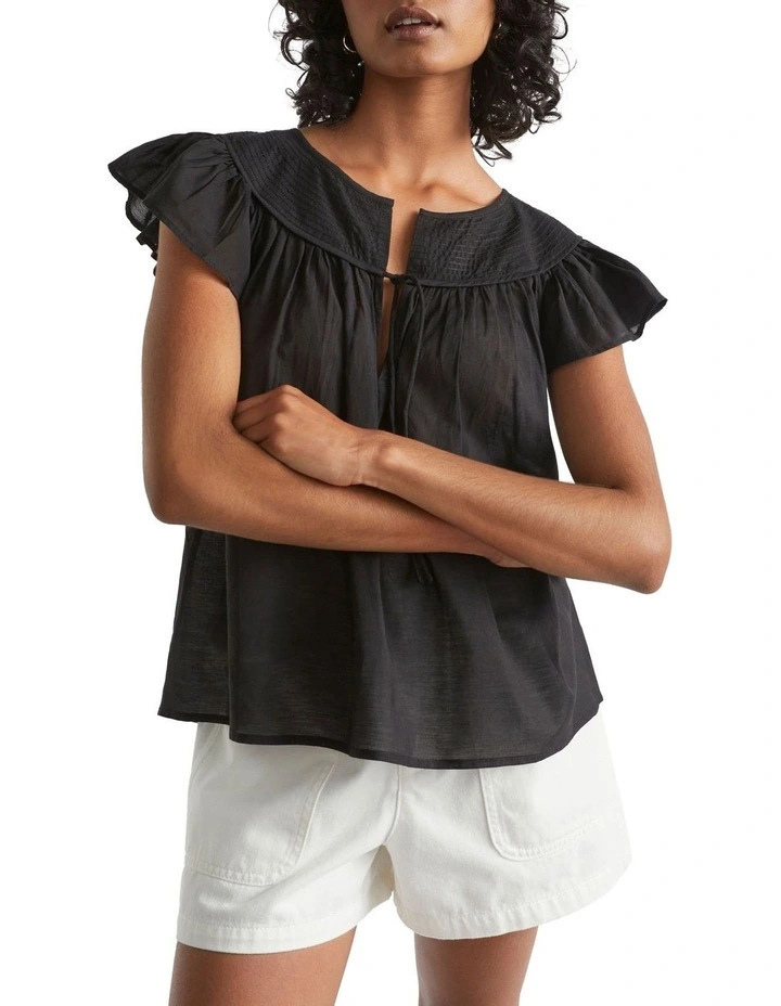 Voile Yoke Frill Sleeve Blouse In Black 1 Voile Yoke Frill Sleeve Blouse In Black