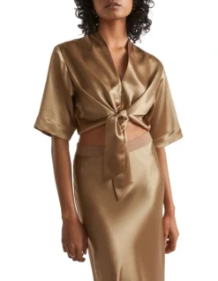 Satin Tie Front Top In Brown