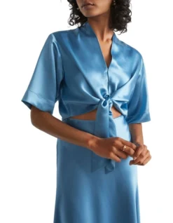 Satin Tie Front Top In Blue