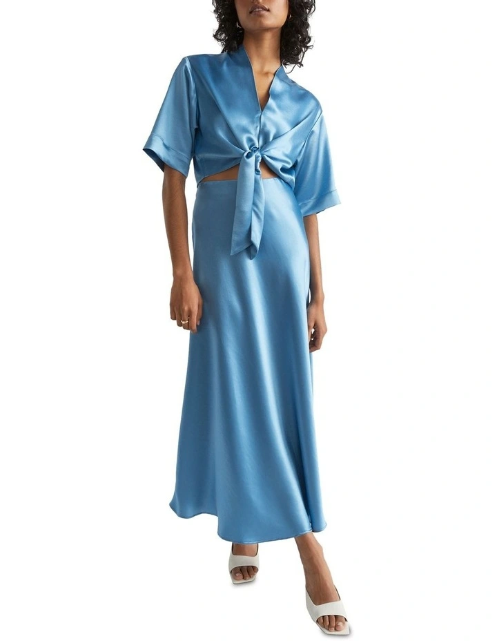 Satin Tie Front Top In Blue 2 Satin Tie Front Top In Blue - Image 2