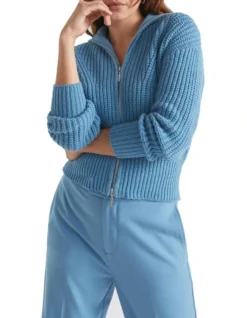 Zip Through Funnel Neck Cardigan In Blue