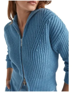 Zip Through Funnel Neck Cardigan In Blue -Heritage 984288070 3 720x928