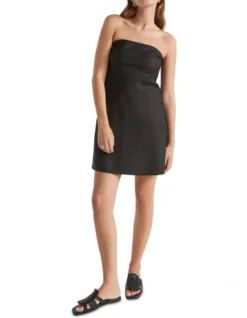 Linen Strapless Mini Dress In Black