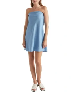 Linen Strapless Mini Dress In Blue