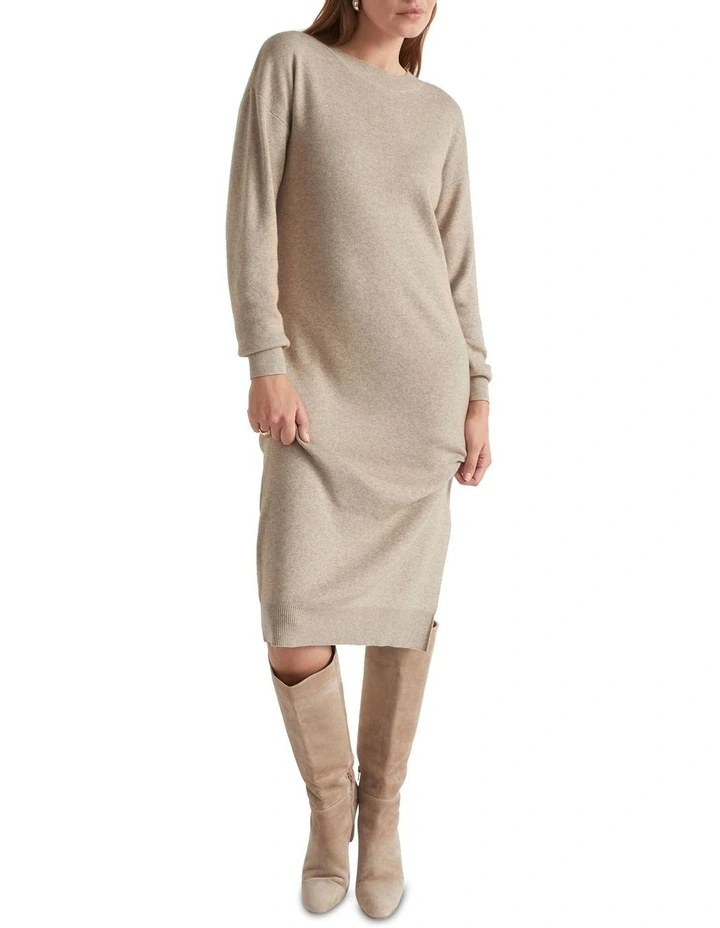Side Split Knit Dress In Beige 3 Side Split Knit Dress In Beige - Image 3