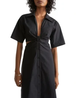 Knot Front Poplin Shirt Dress In Black