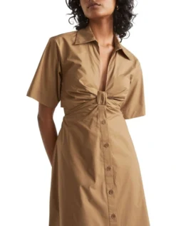 Knot Front Poplin Shirt Dress In Brown