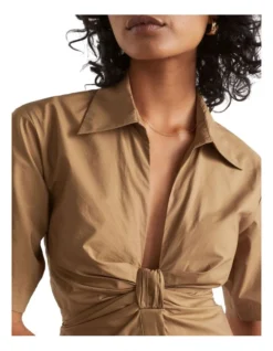 Knot Front Poplin Shirt Dress In Brown -Heritage 984289060 984269530 3 720x928