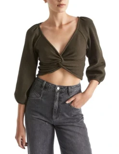 Twist Front Rib Top In Green