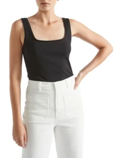 Square Neck Rib Tank In Black