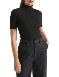 Mock Neck Textured Top In Black