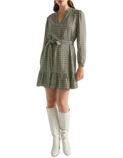 Mini Geo Tie Waist Dress In Green