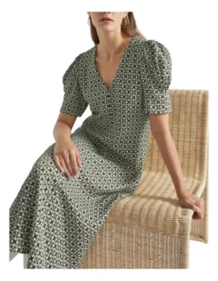 Mini Geo Midi Dress In Green Multi