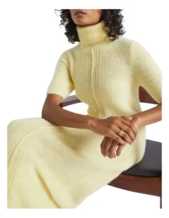 Roll Neck Knit Midi Dress In Yellow