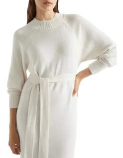 Tie Waist Midi Knit Dress In Cream
