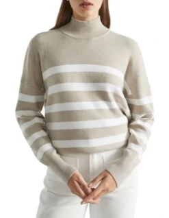 Stripe Double Knit Mock Neck In Grey Multi