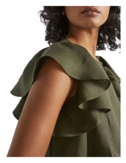 Linen Frill Sleeve Top In Green